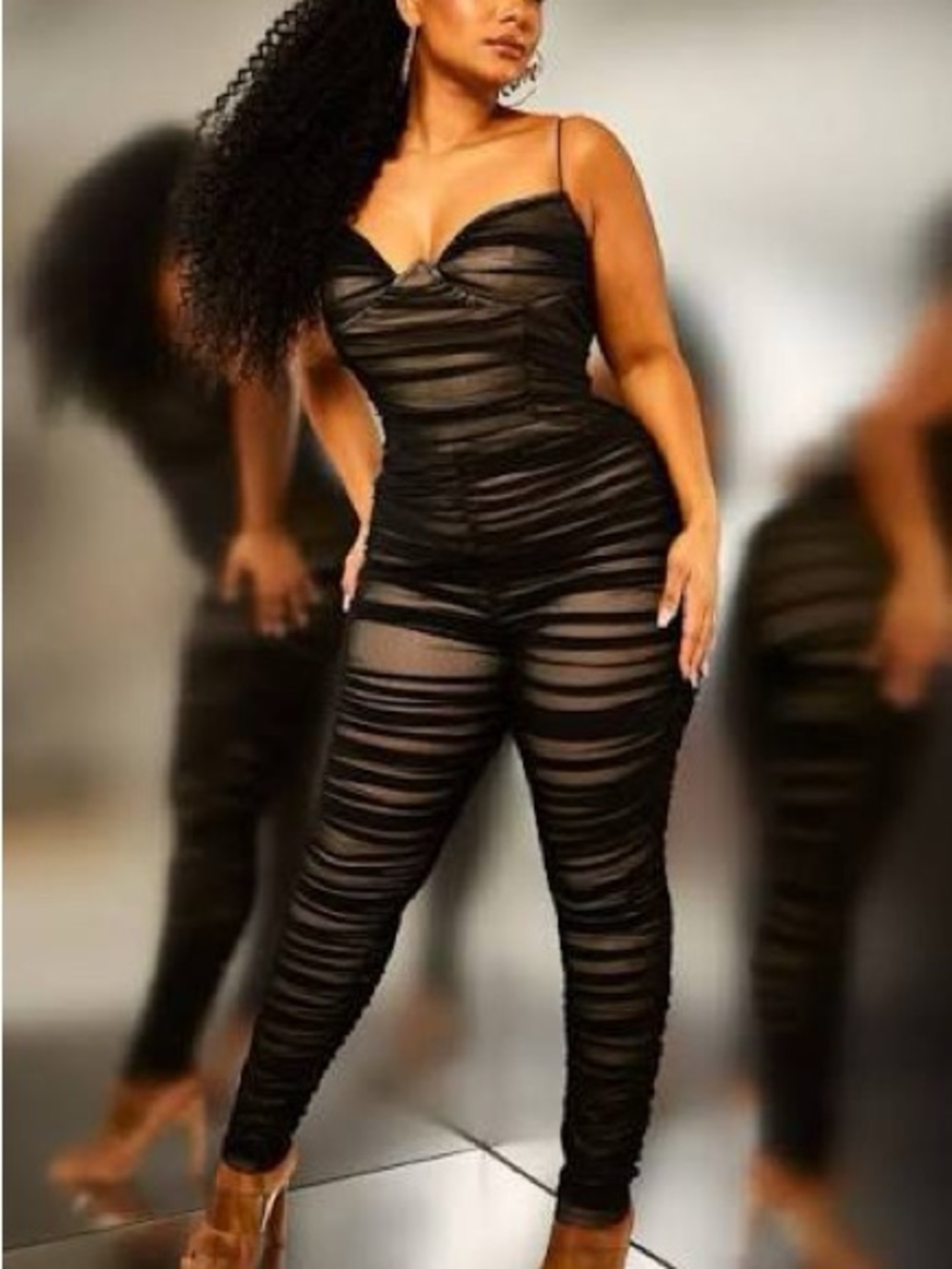 PrettyLittleThing Black Sheer Ruched Strappy Jumpsuit